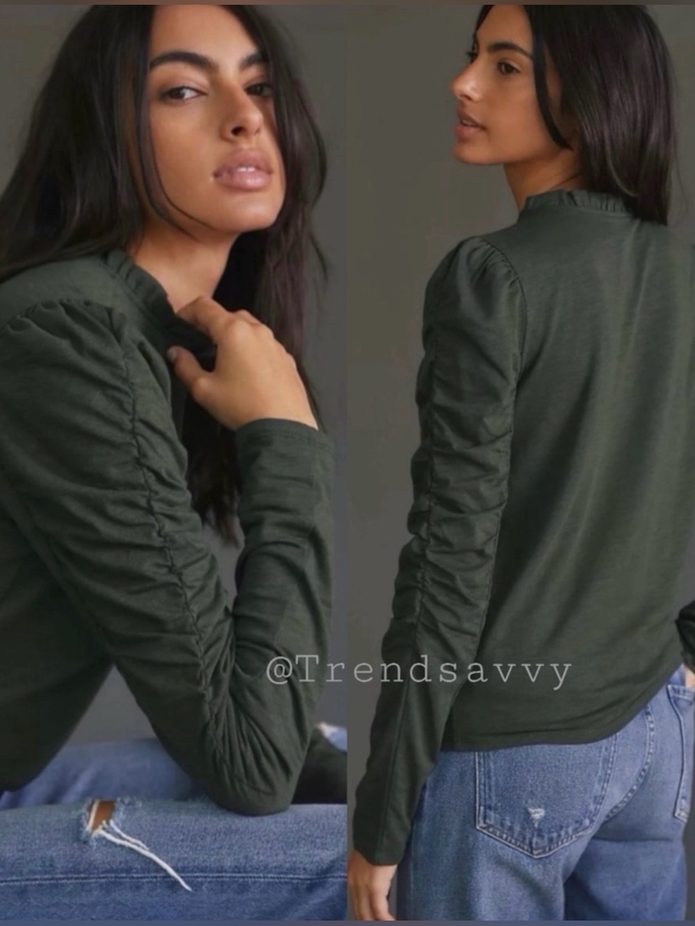 Anthropologie Dark Green Ruched Sleeve Ruffle Neck Top Large Workwear Date Night